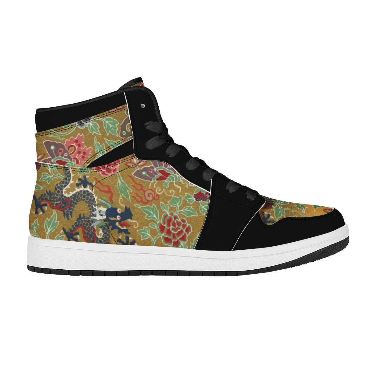Chinese Ornamental Hi Top Custom Vegan Leather Sneakers Black High Top Leather Sneakers