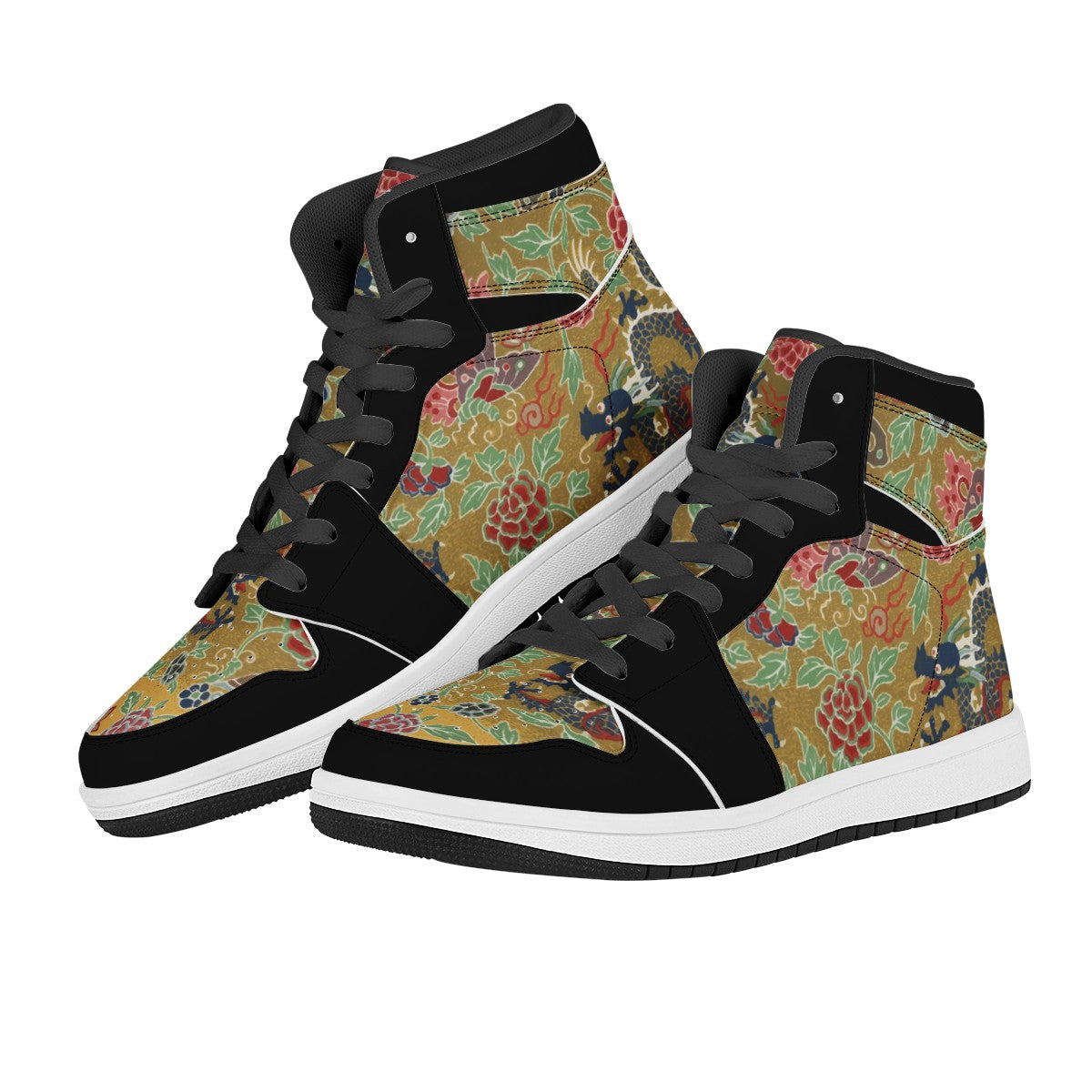 Chinese Ornamental Hi Top Custom Vegan Leather Sneakers Black High Top Leather Sneakers