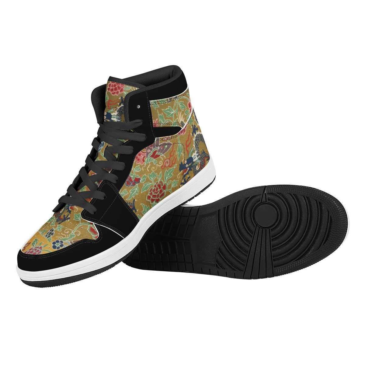 Chinese Ornamental Hi Top Custom Vegan Leather Sneakers Black High Top Leather Sneakers