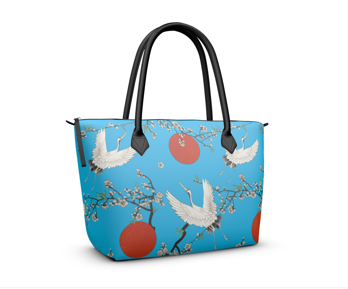 Zip Top Handbag, Tote Handbag, Leather Handbag, Top handle Handbag, Japanese Cherry Blossom and Crane Print
