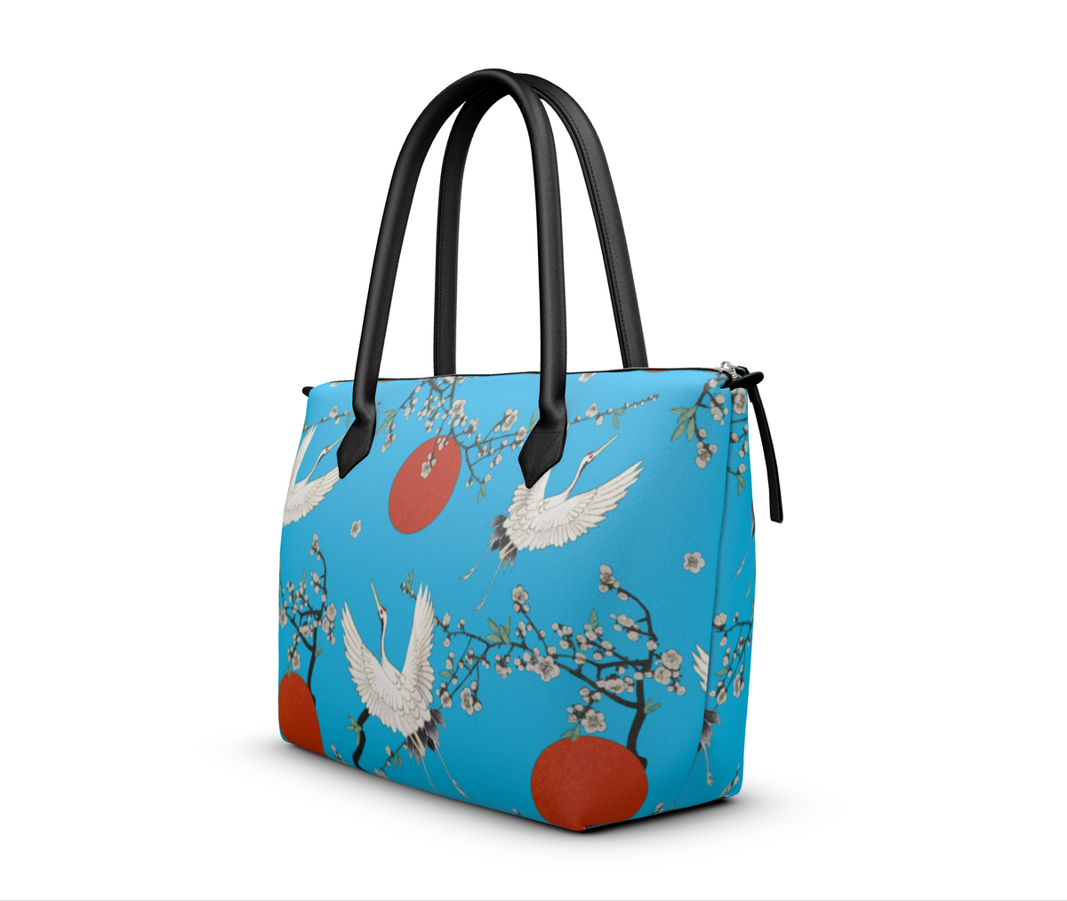 Zip Top Handbag, Tote Handbag, Leather Handbag, Top handle Handbag, Japanese Cherry Blossom and Crane Print