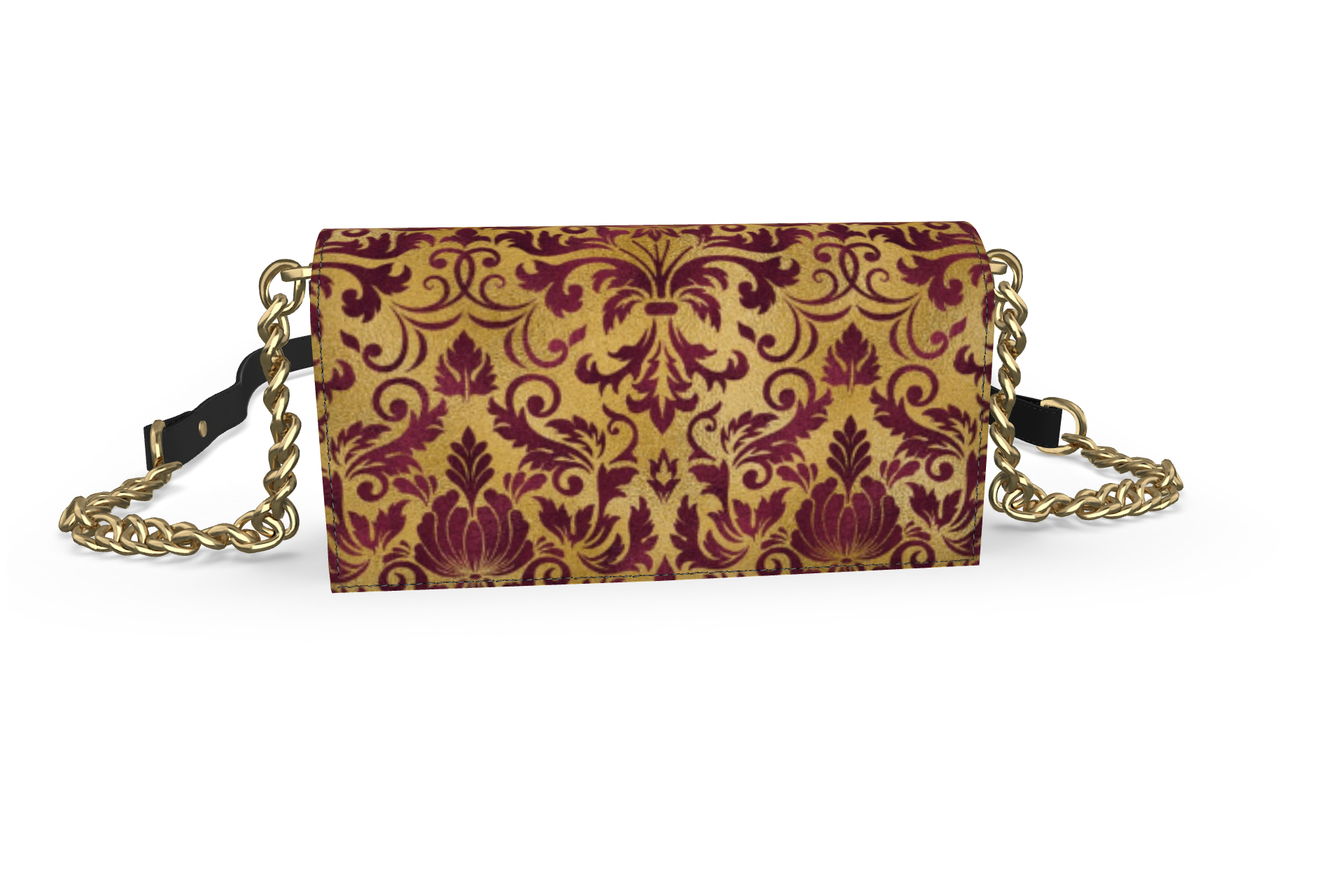 Gold and Maroon Damask Fold over bag in Nappa Leather