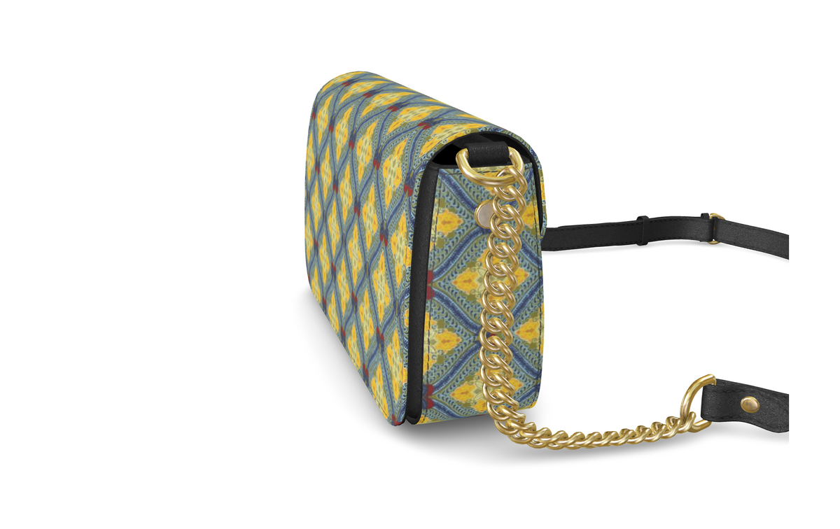 Lemon and Blue Art Deco Fold Over Bag in Nappa leather