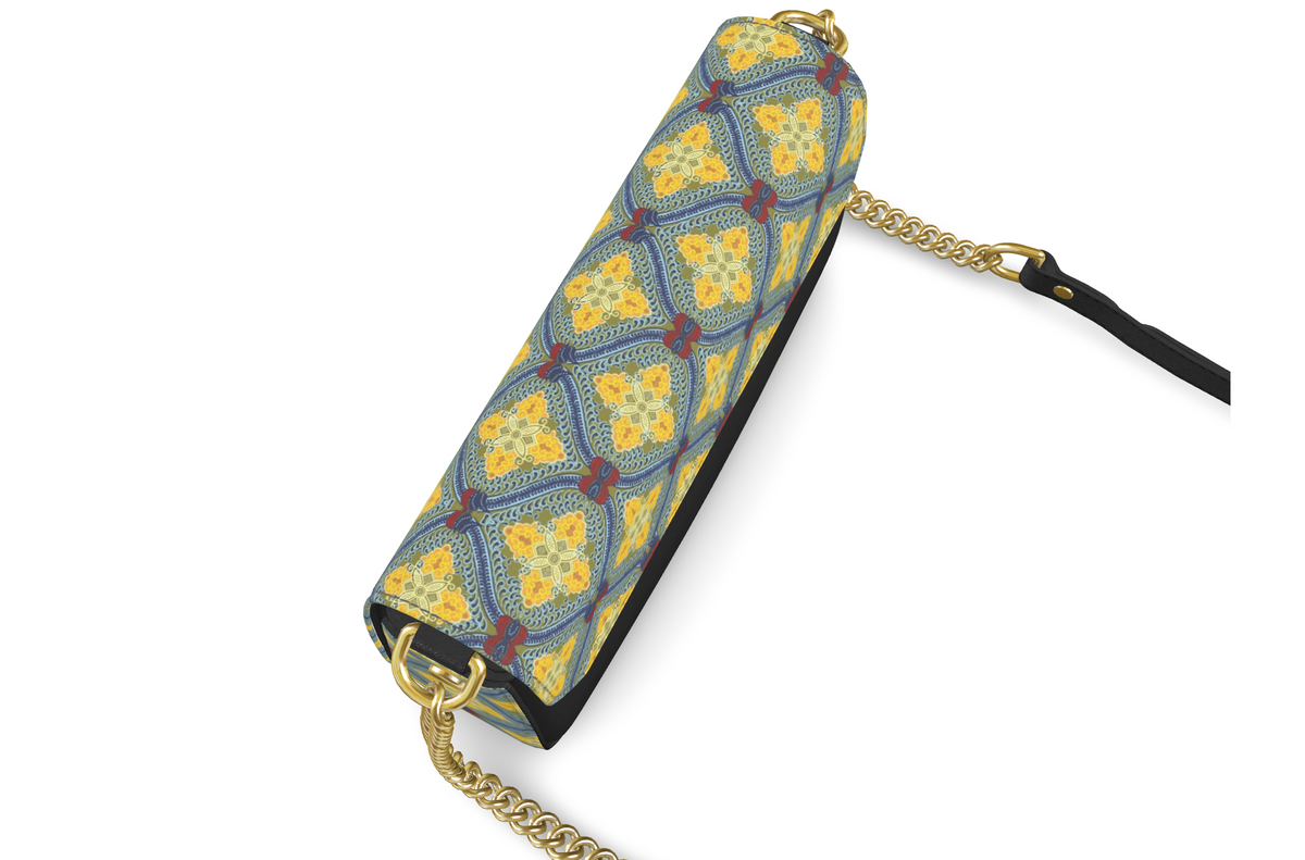 Lemon and Blue Art Deco Fold Over Bag in Nappa leather