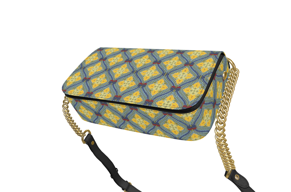 Lemon and Blue Art Deco Fold Over Bag in Nappa leather