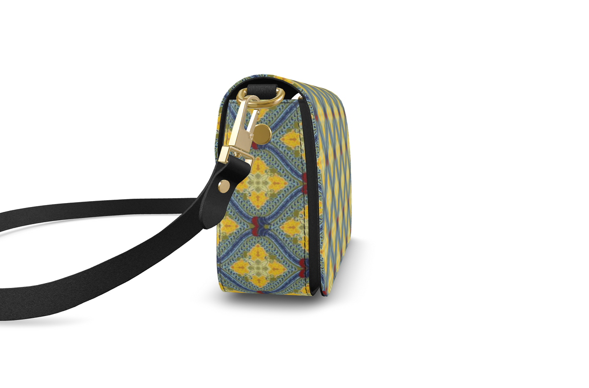 Lemon and Blue Art Deco Fold Over Bag in Nappa leather