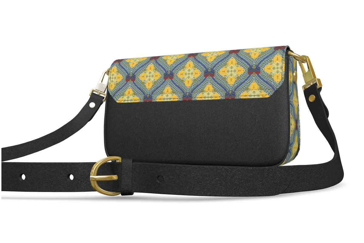 Lemon and Blue Art Deco Fold Over Bag in Nappa leather