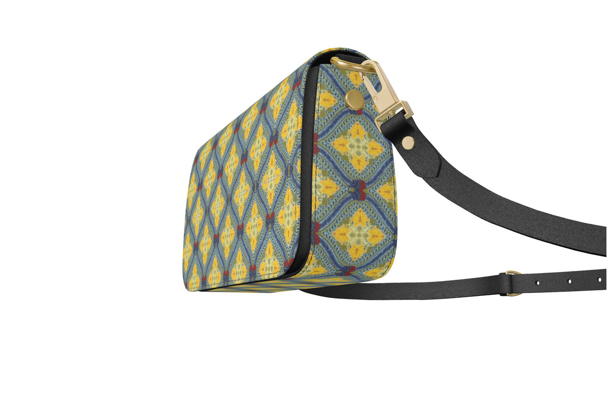 Lemon and Blue Art Deco Fold Over Bag in Nappa leather