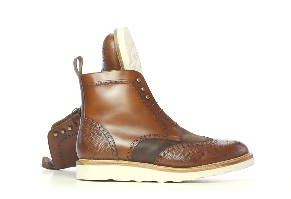 Handmade Fur Lined Leather Military Brogue Boot in Waxed and Pebble Leathers