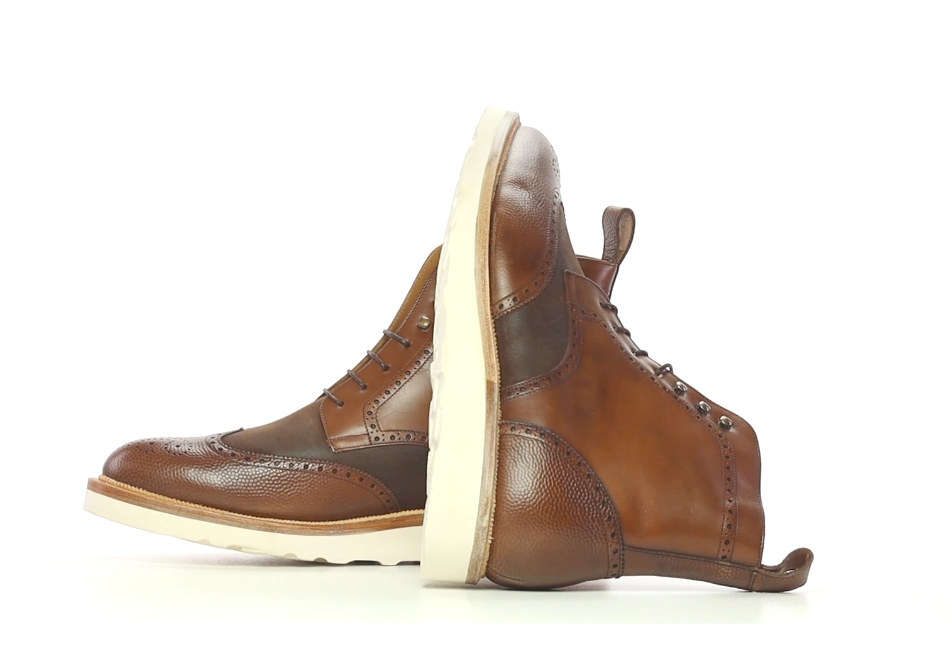 Handmade Fur Lined Leather Military Brogue Boot in Waxed and Pebble Leathers