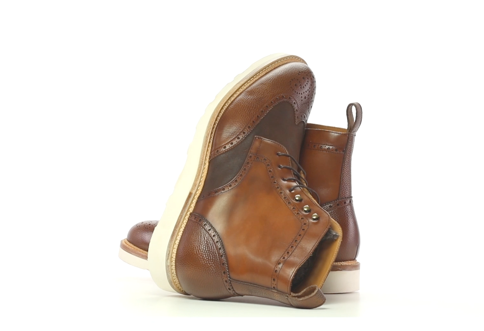 Handmade Fur Lined Leather Military Brogue Boot in Waxed and Pebble Leathers