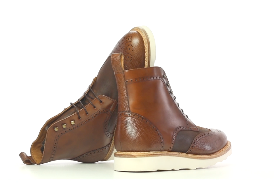 Handmade Fur Lined Leather Military Brogue Boot in Waxed and Pebble Leathers