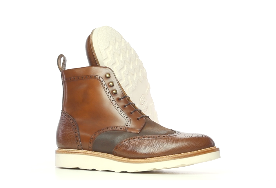 Handmade Fur Lined Leather Military Brogue Boot in Waxed and Pebble Leathers