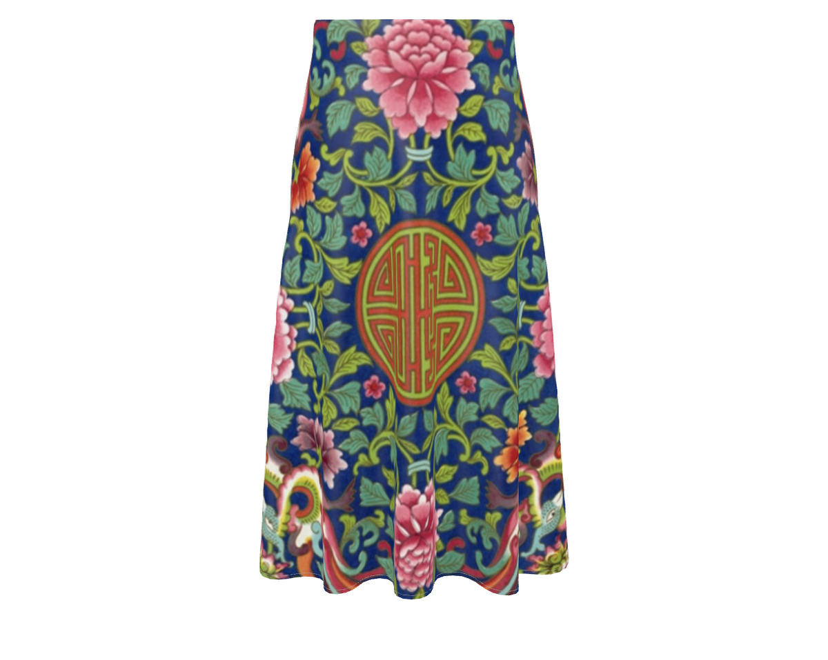 High Waisted A-Line Silk Boho Maxi Skirt, Art Nouveau Floral