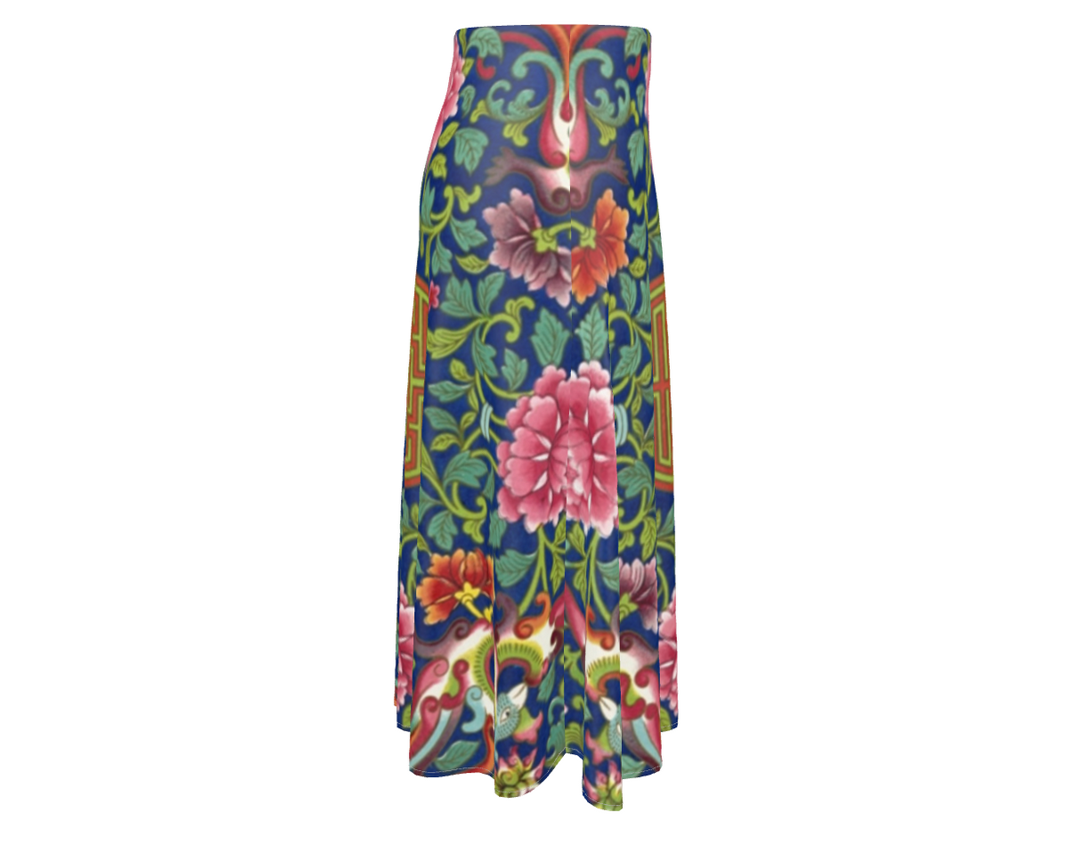High Waisted A-Line Silk Boho Maxi Skirt, Art Nouveau Floral
