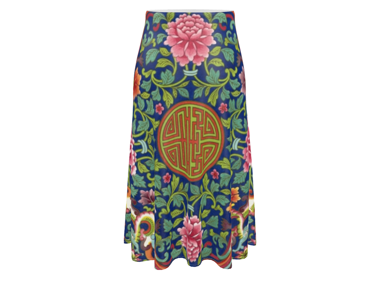 High Waisted A-Line Silk Boho Maxi Skirt, Art Nouveau Floral