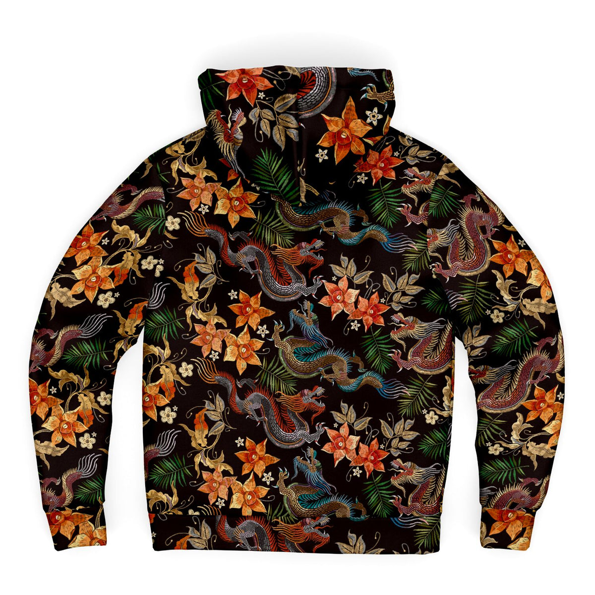 Harajuku Dragon and Floral Orange Blossom Microfleece Zip-Up Hoodie - Perfect for Festivals, Lounge Wear, and Outdoor Activities