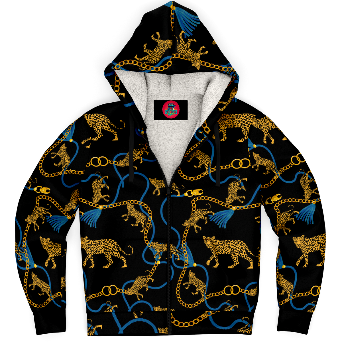 Zip Up Microfleece Hoodie Leopard and Gold Chain