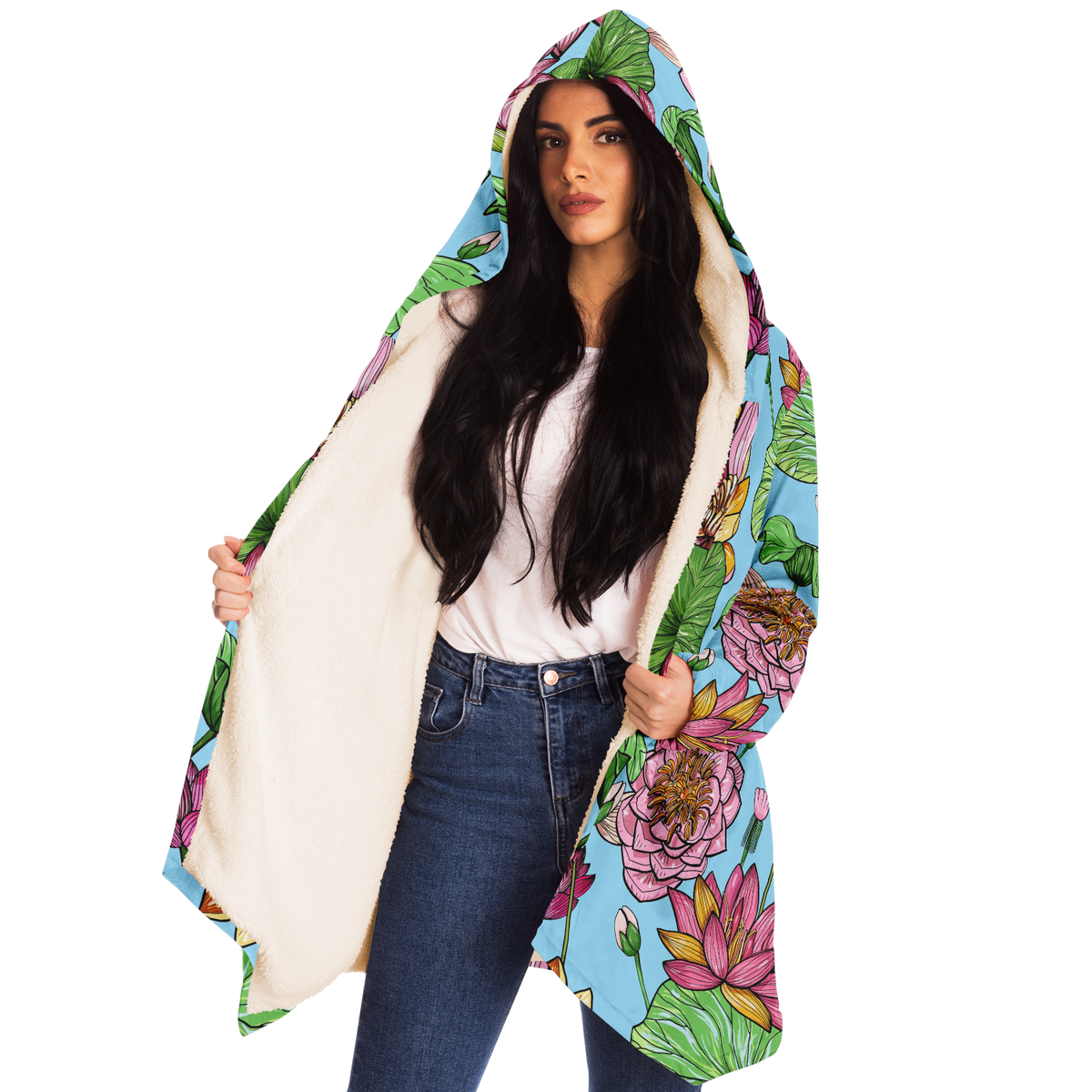 Retro Flower Unisex Hooded Microfleece Cloak (With Pockets)