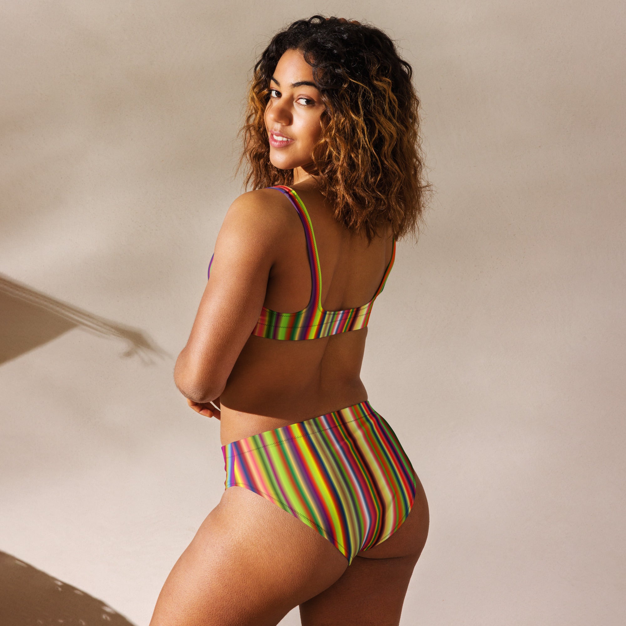 Recycled high-waisted bikini Rainbow Stripe