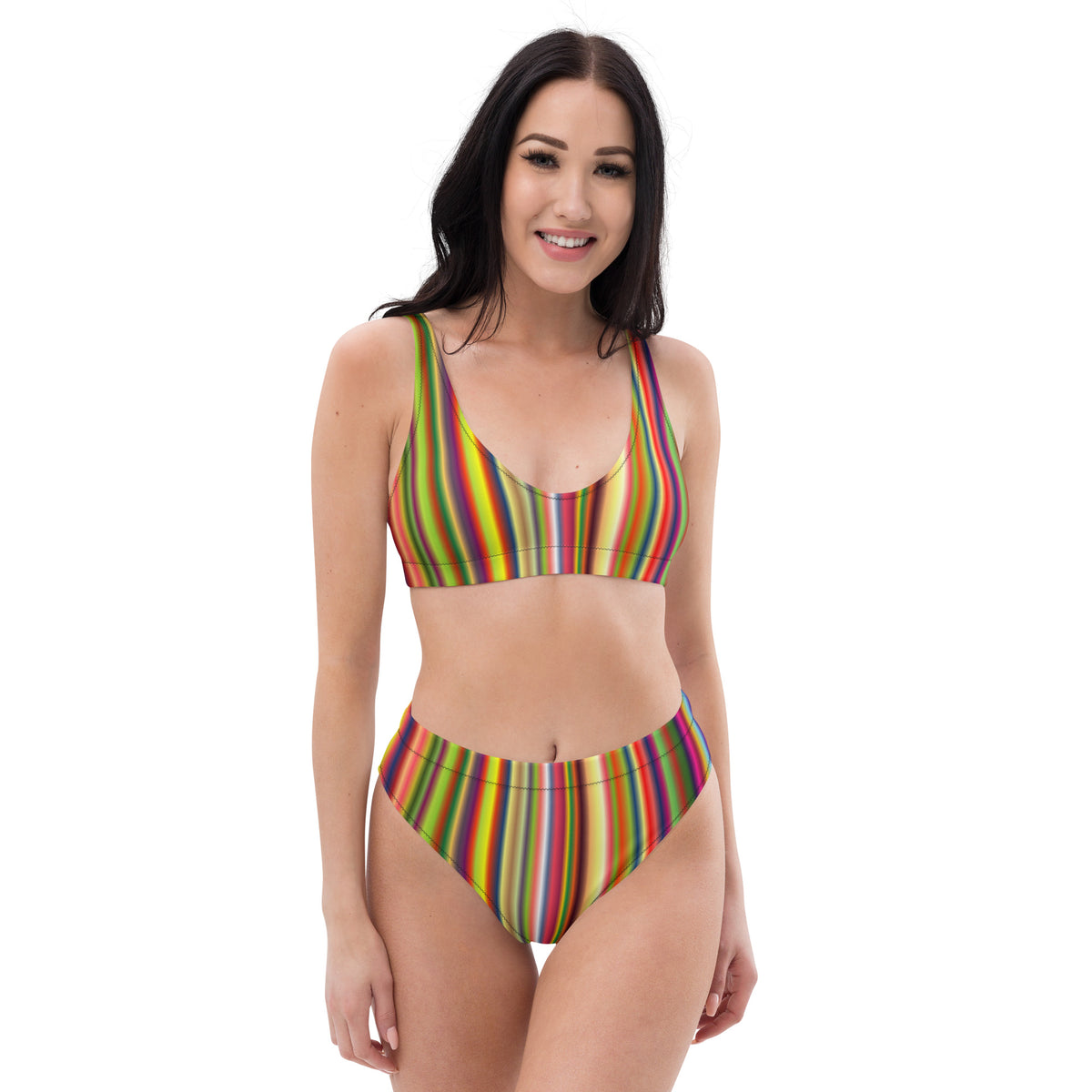 Recycled high-waisted bikini Rainbow Stripe