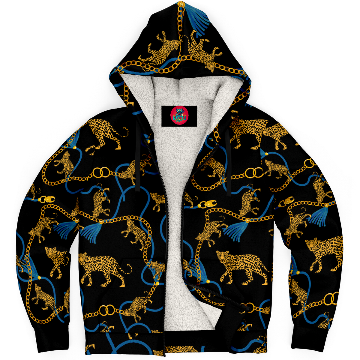 Zip Up Microfleece Hoodie Leopard and Gold Chain