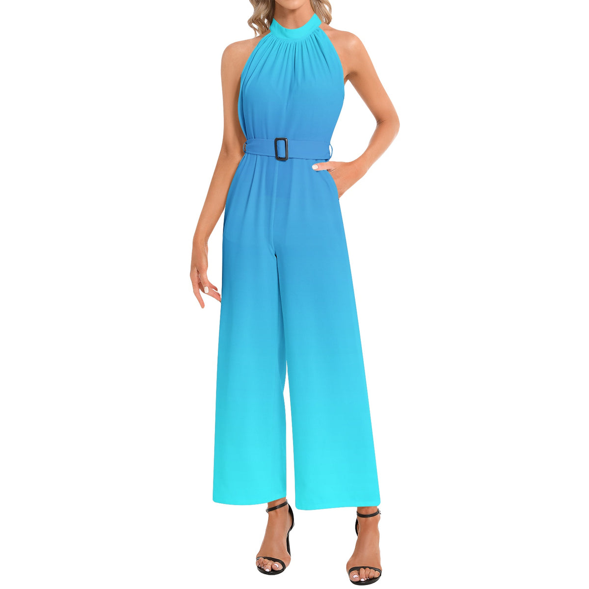 With Pockets! Blue Ombre Halter Neck Buckle Belted Jumpsuit