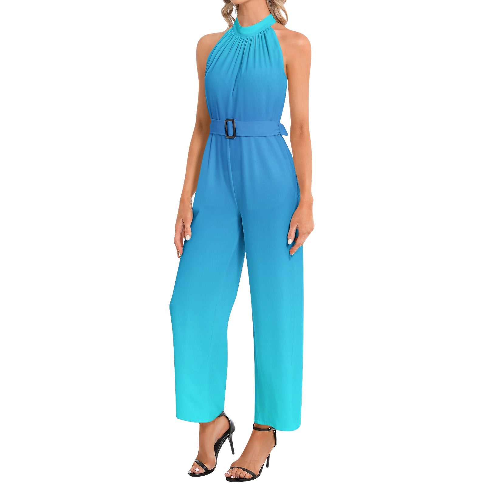 With Pockets! Blue Ombre Halter Neck Buckle Belted Jumpsuit