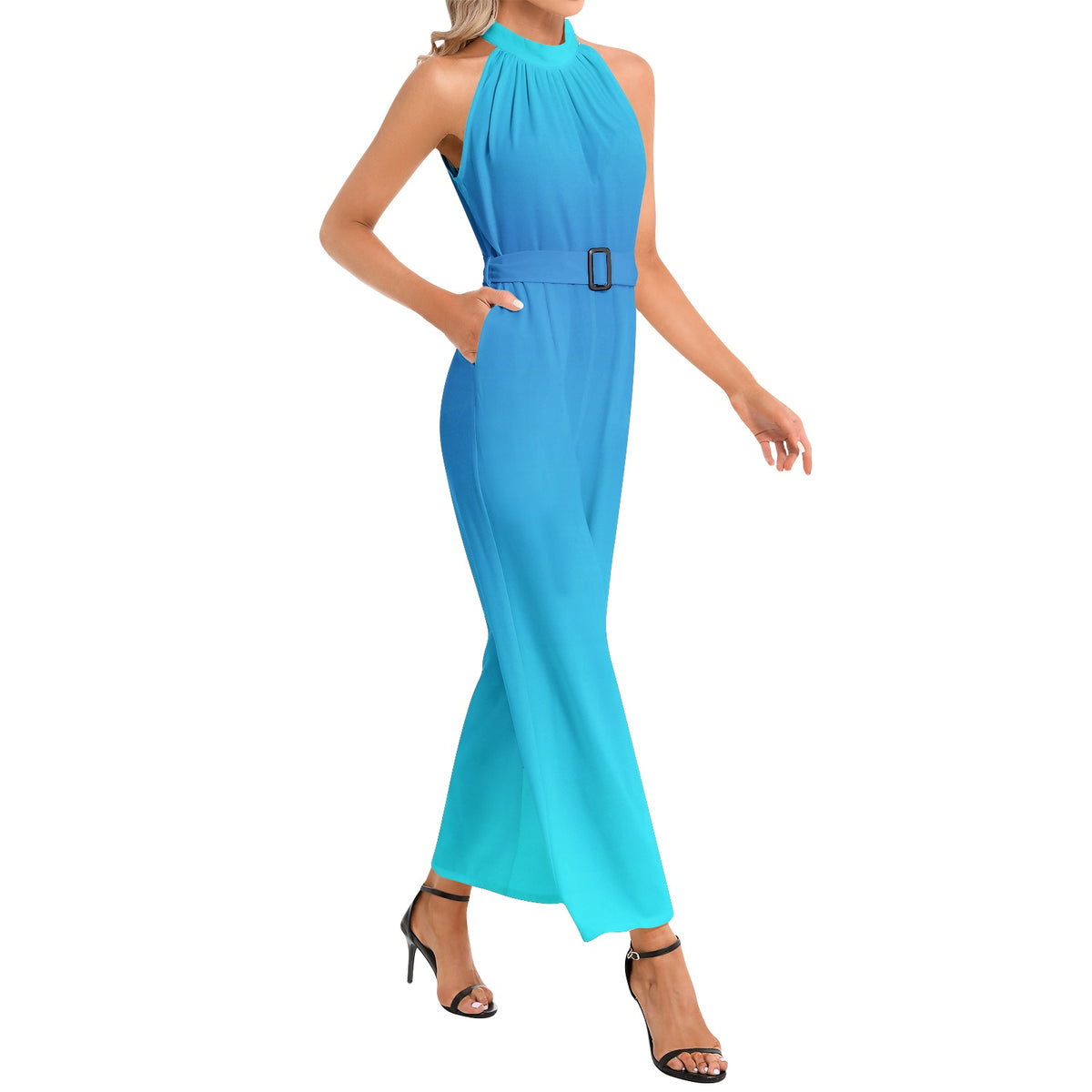 With Pockets! Blue Ombre Halter Neck Buckle Belted Jumpsuit