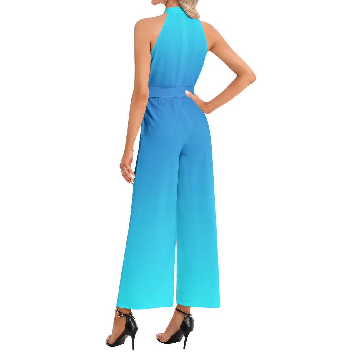 With Pockets! Blue Ombre Halter Neck Buckle Belted Jumpsuit