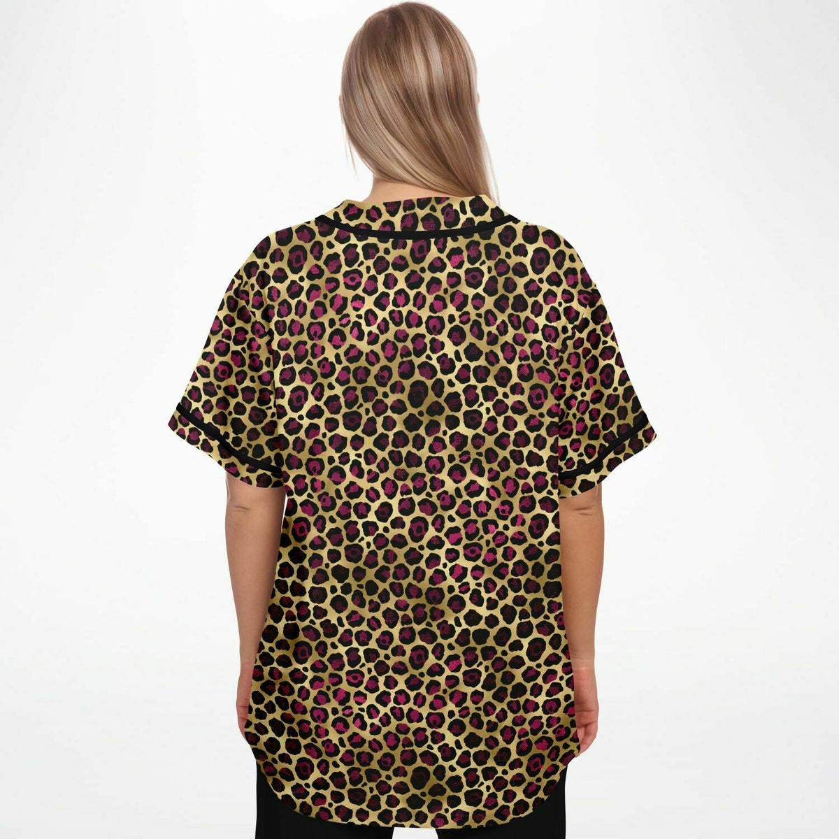 Magenta Leopard Print Baseball Jersey - Unisex, 100% Polyester, Moisture-Wicking Fabric, Rockabilly, Club, Retro
