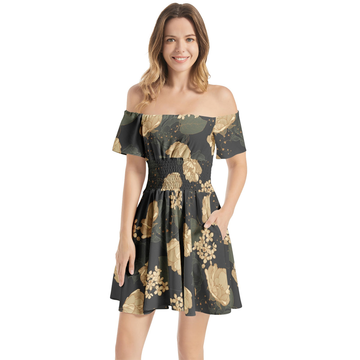 With Pockets! Floral Art Nouveau Off Shoulder Shirred Waist Flared Mini Dress