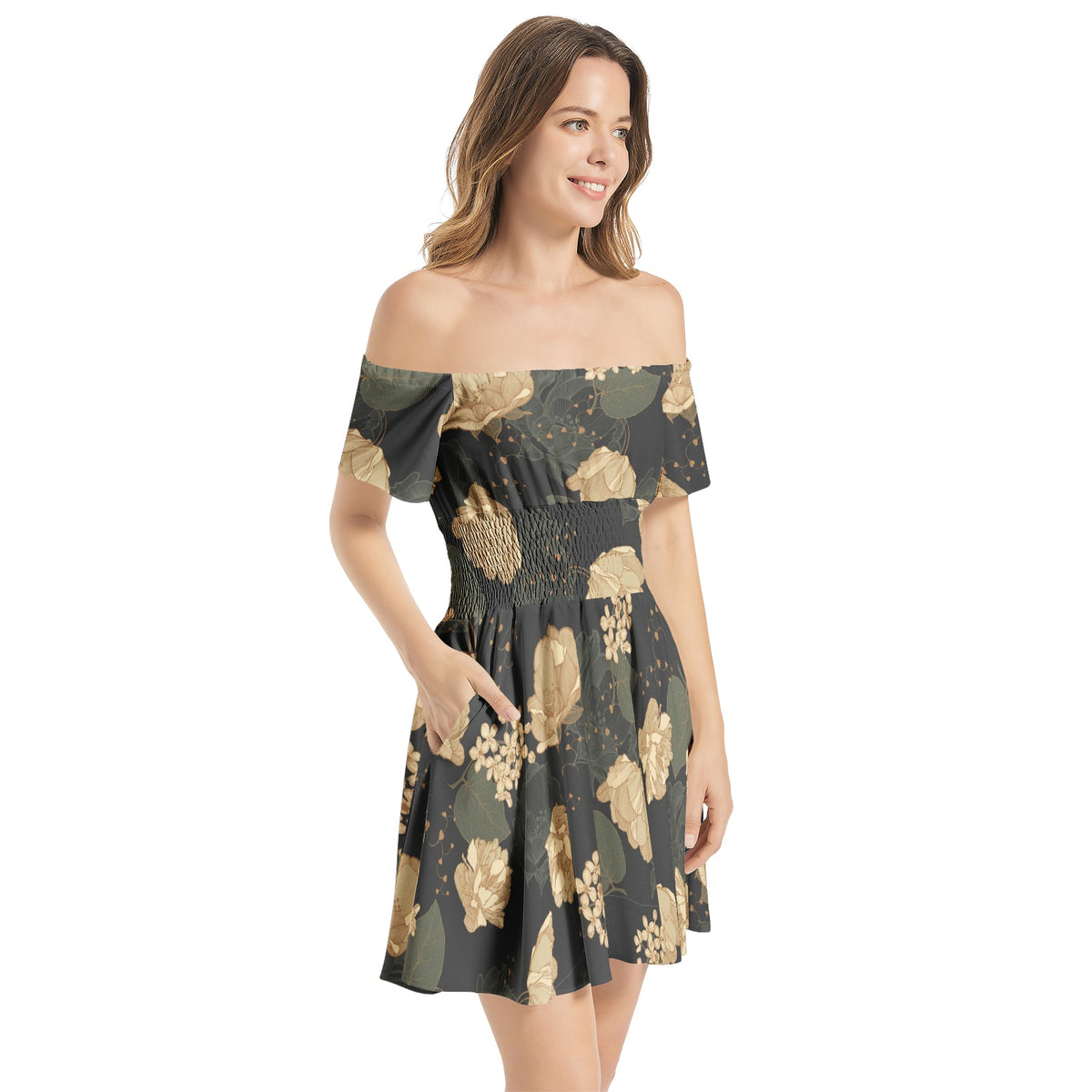 With Pockets! Floral Art Nouveau Off Shoulder Shirred Waist Flared Mini Dress