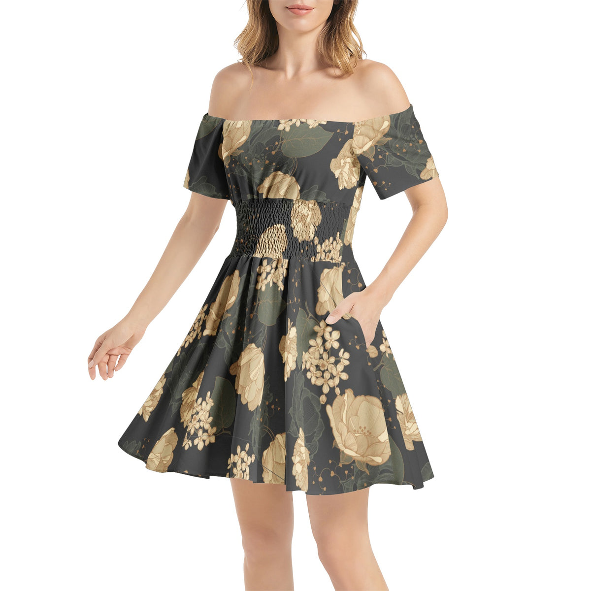 With Pockets! Floral Art Nouveau Off Shoulder Shirred Waist Flared Mini Dress