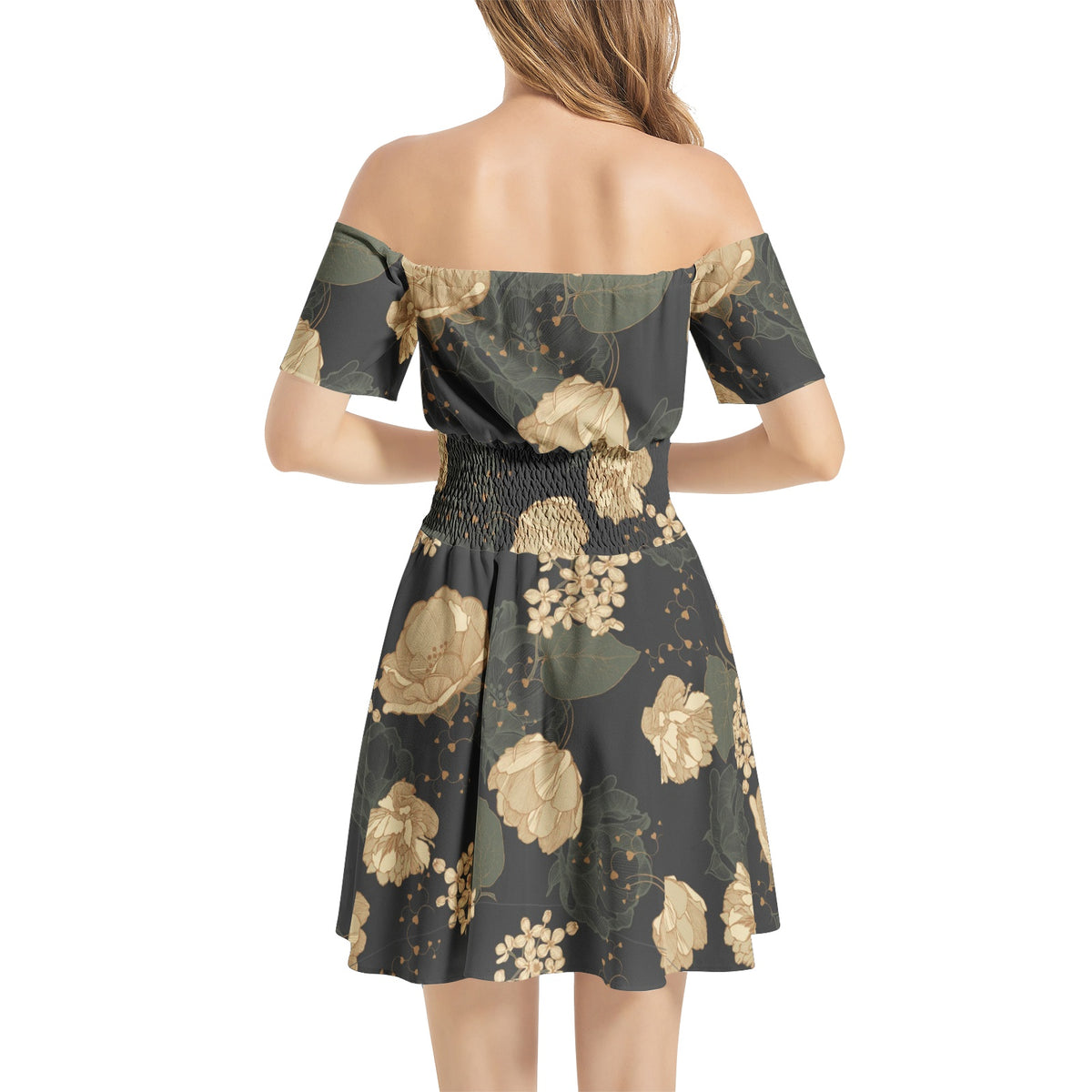 With Pockets! Floral Art Nouveau Off Shoulder Shirred Waist Flared Mini Dress