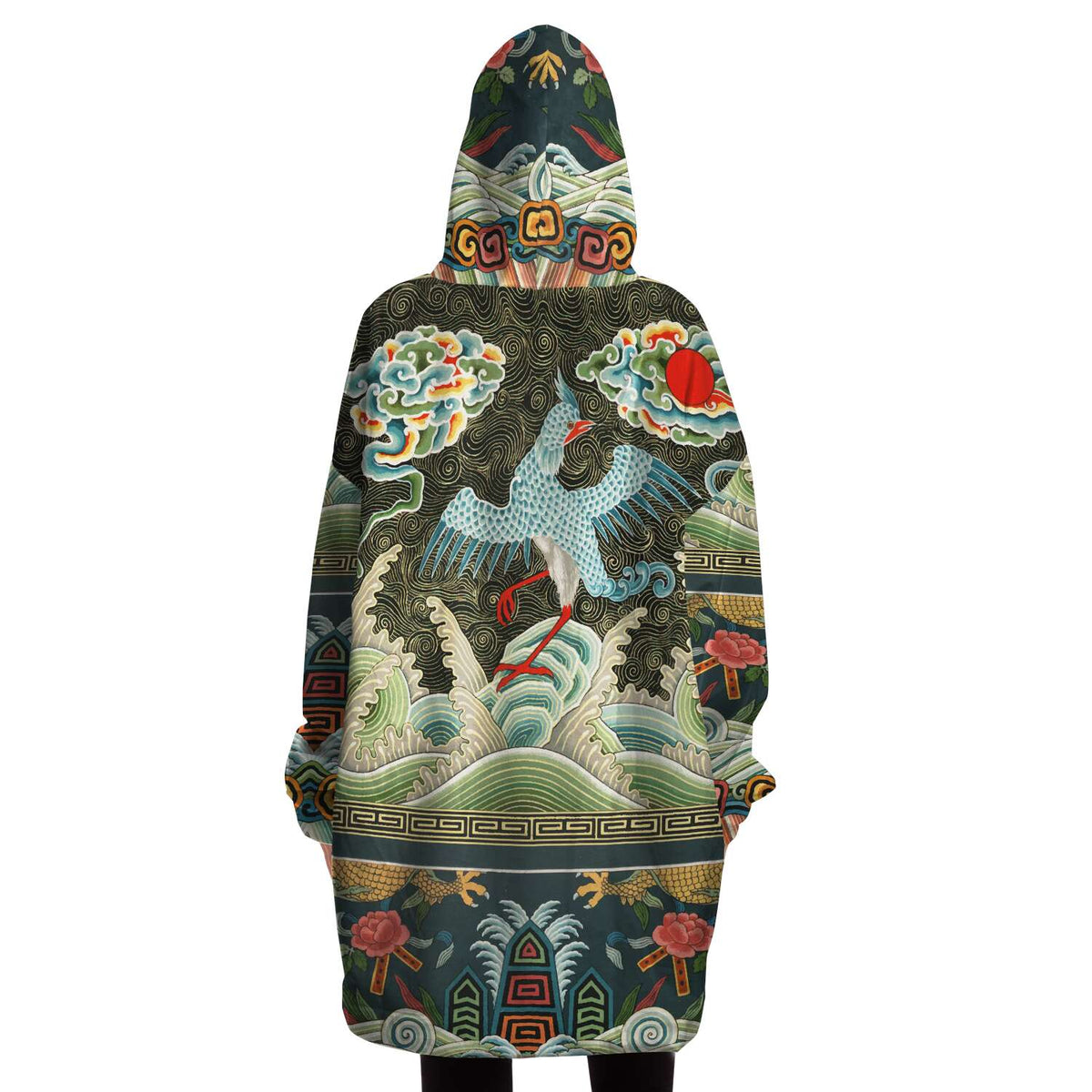 Male or Female Asian Crane Art Nouveau Giant Oversized Hoodie with Pockets