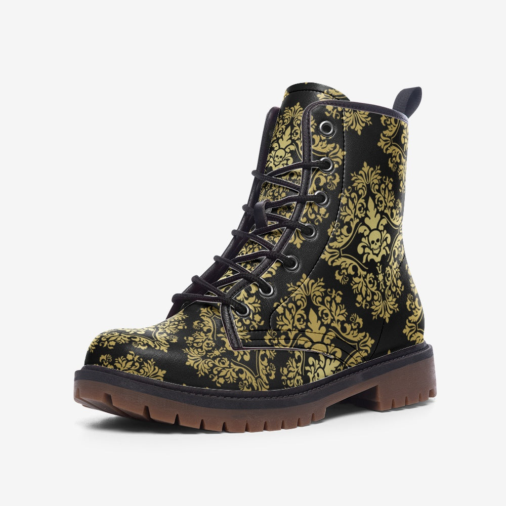Y2K, Art Nouveau Golden Skull Damask Combat Boots