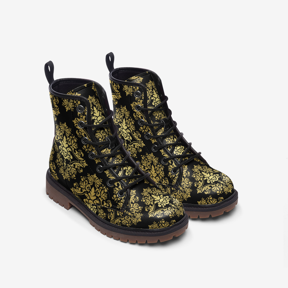 Y2K, Art Nouveau Golden Skull Damask Combat Boots