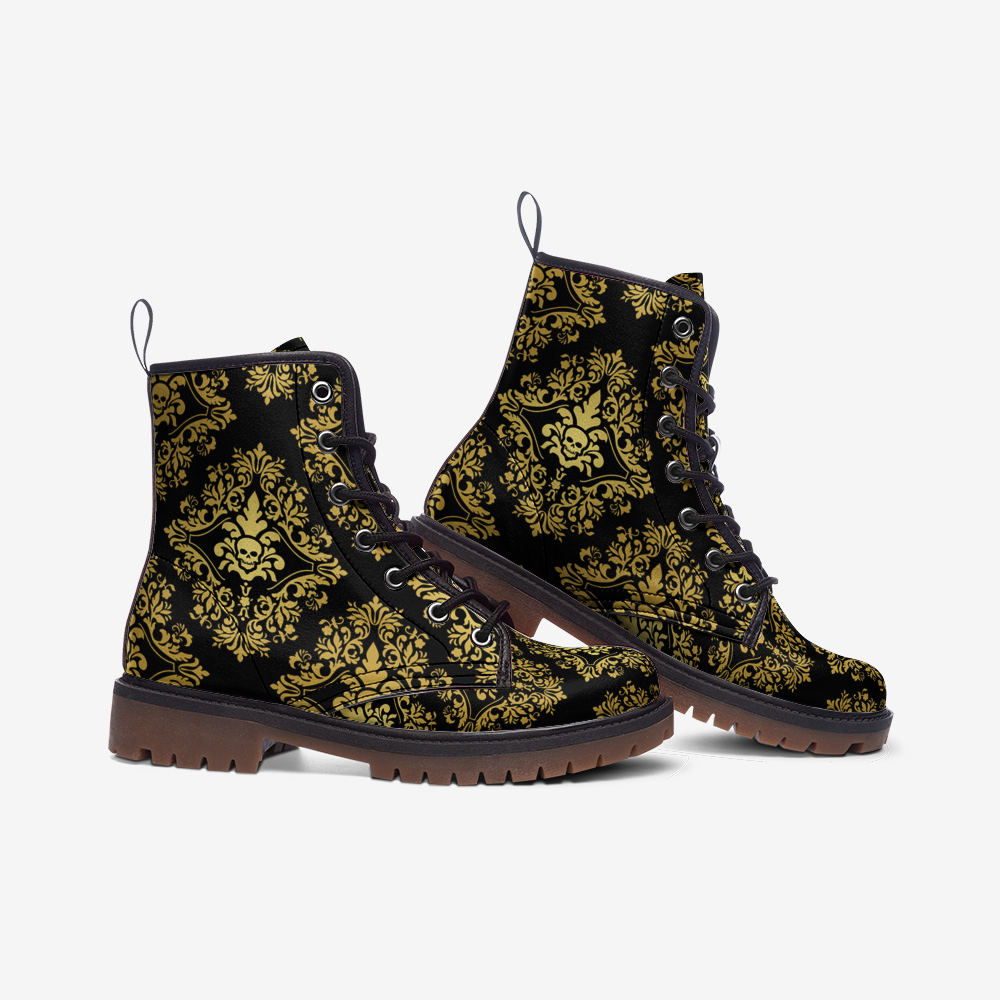 Y2K, Art Nouveau Golden Skull Damask Combat Boots