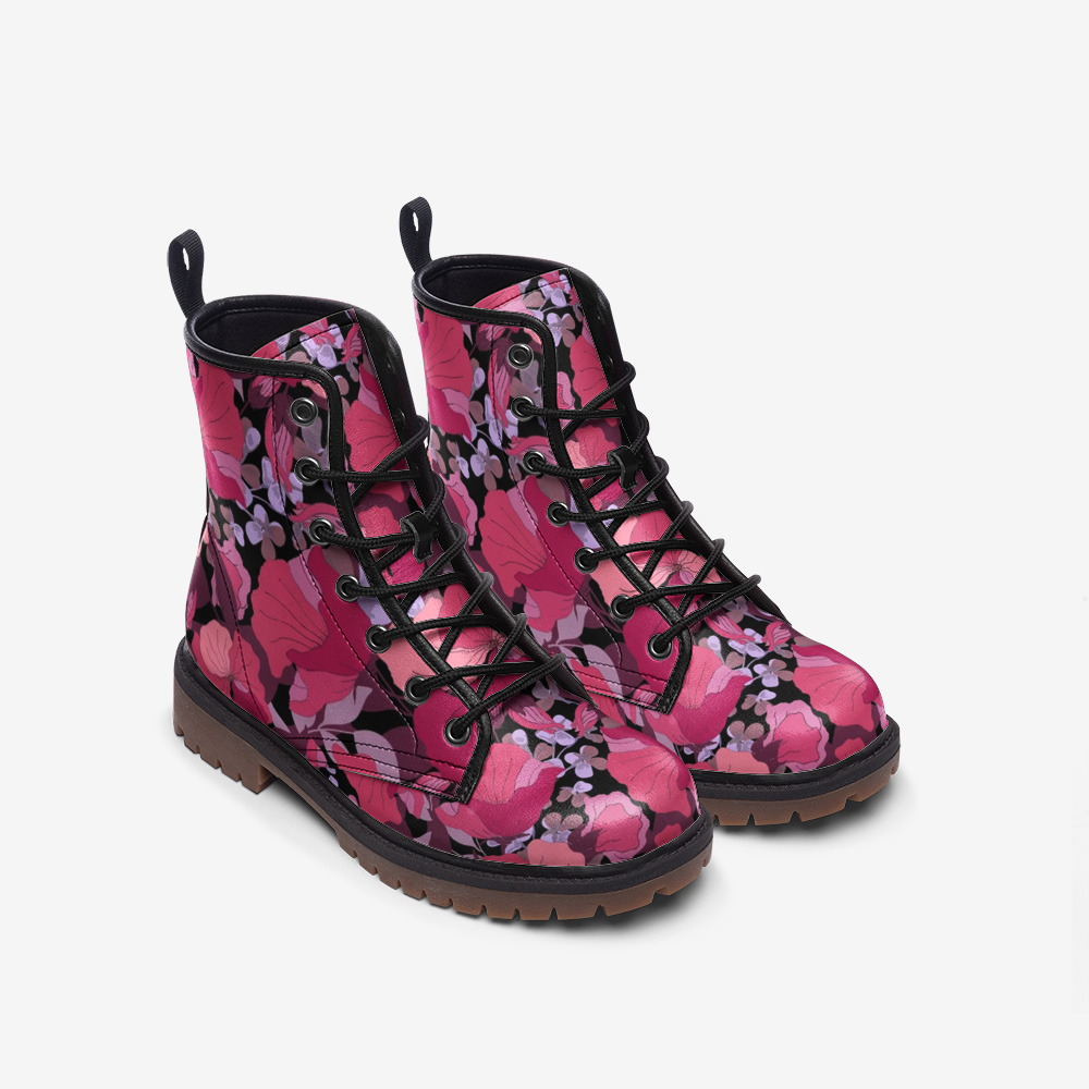 Combat Boots Mid Century Floral, Ankle boots, Vegan Leather Combat Boots, 90s Boots, Lace Up Boots