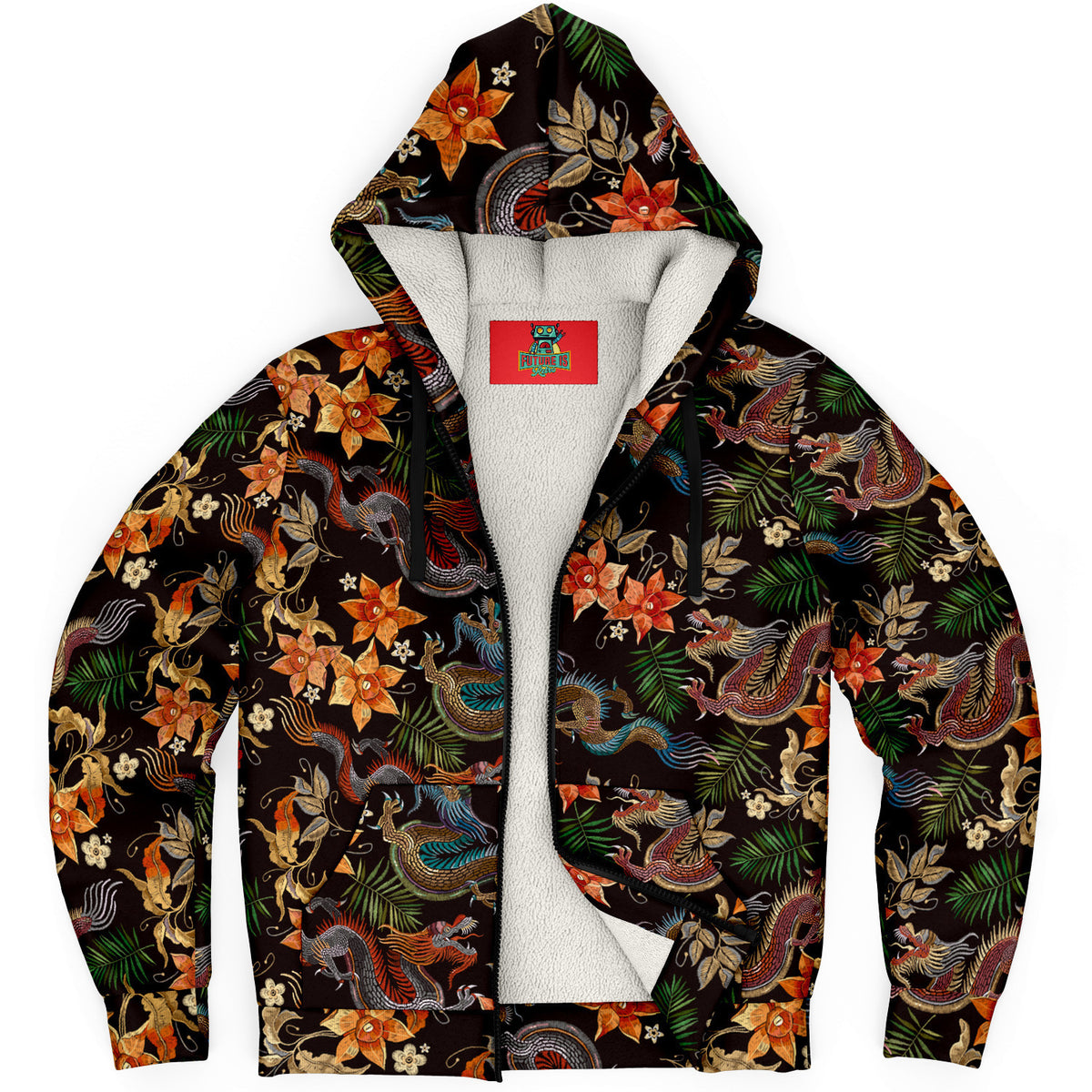 Harajuku Dragon and Floral Orange Blossom Microfleece Zip-Up Hoodie - Perfect for Festivals, Lounge Wear, and Outdoor Activities
