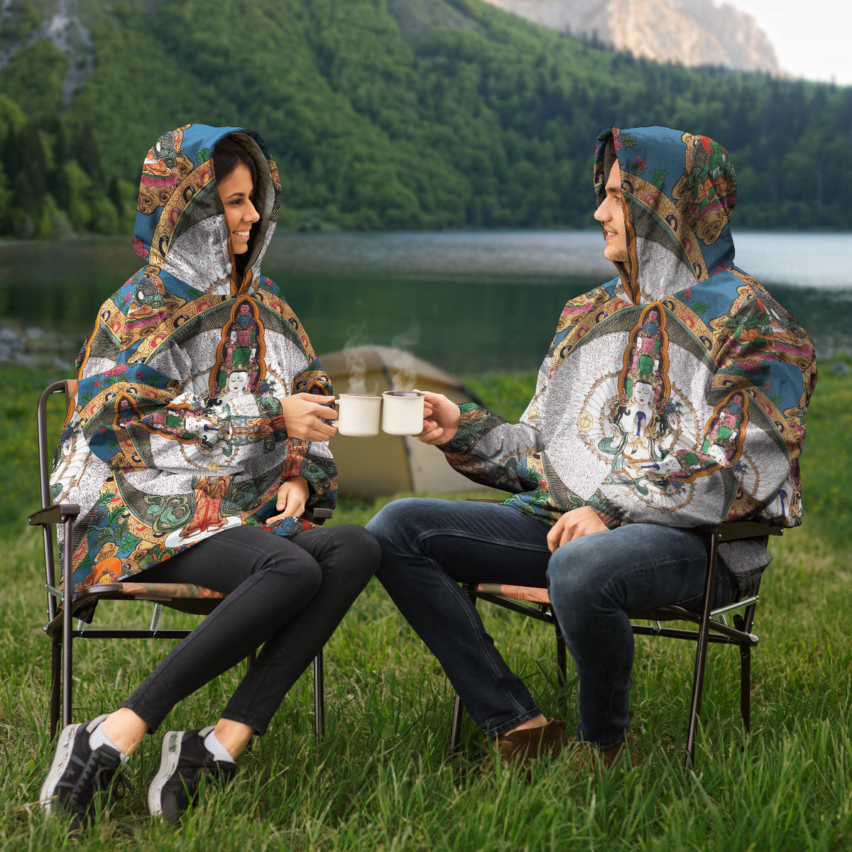 Blue Buddha Thanka Tibetan Snug Hoodie with pockets, Festival, Loungecore