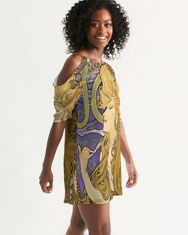 Alphonse Mucha Art Nouveau Women&#39;s Open Shoulder A-Line Dress