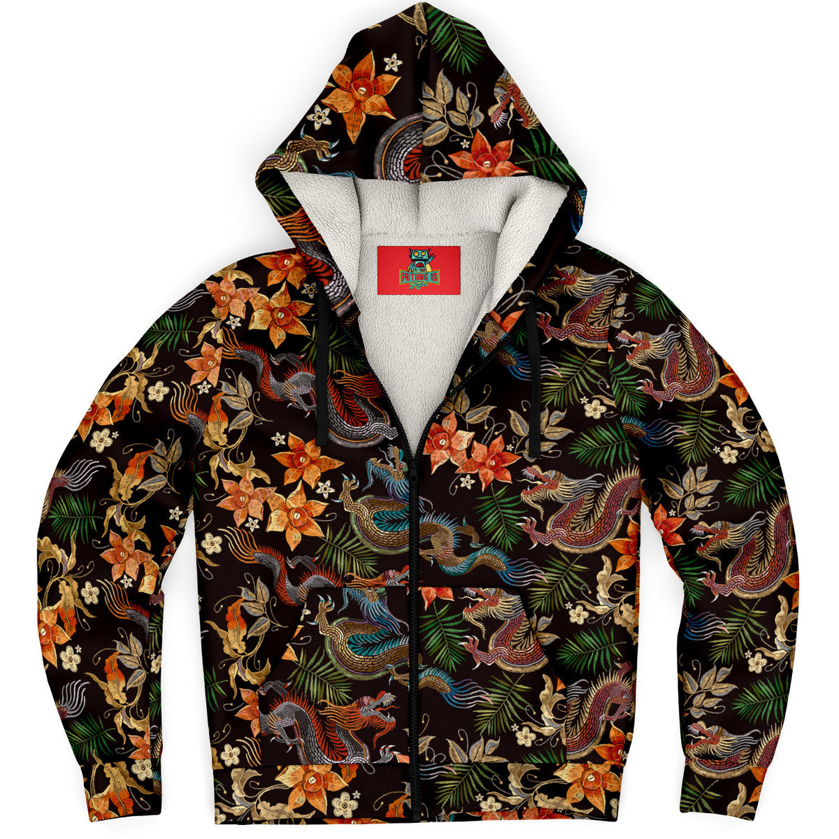 Harajuku Dragon and Floral Orange Blossom Microfleece Zip-Up Hoodie - Perfect for Festivals, Lounge Wear, and Outdoor Activities