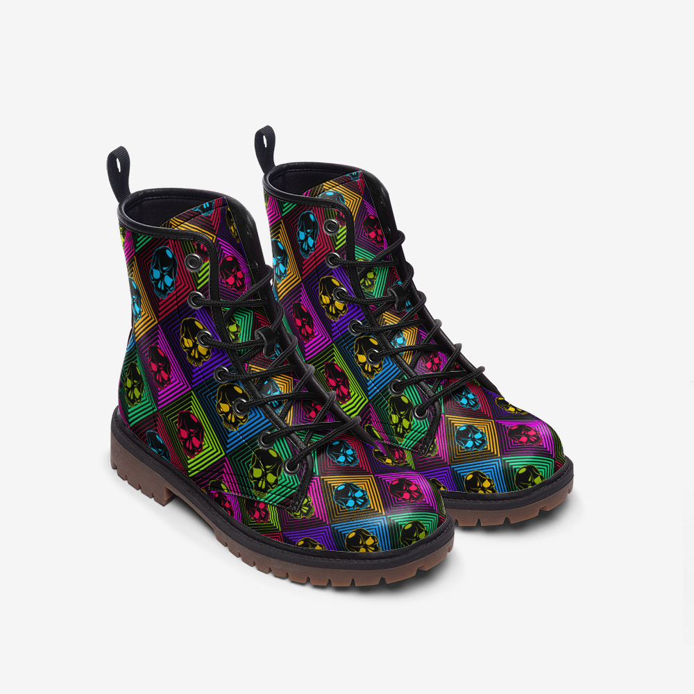 Vegan Leather Combat Boots, 80s vaporware, Skull, Macabre Ankle Boots