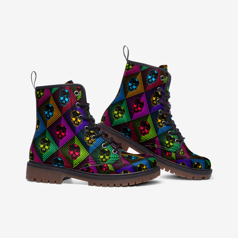 Vegan Leather Combat Boots, 80s vaporware, Skull, Macabre Ankle Boots