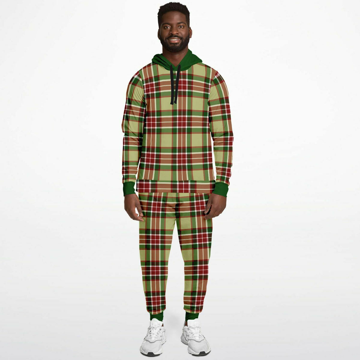 Grün karierter Kapuzenpullover und Jogginghose 