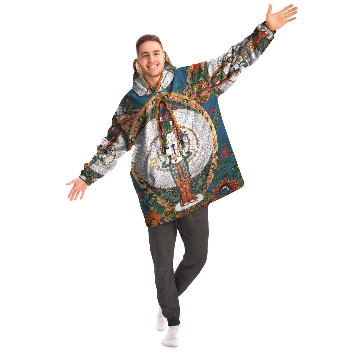 Blue Buddha Thanka Tibetan Snug Hoodie with pockets, Festival, Loungecore