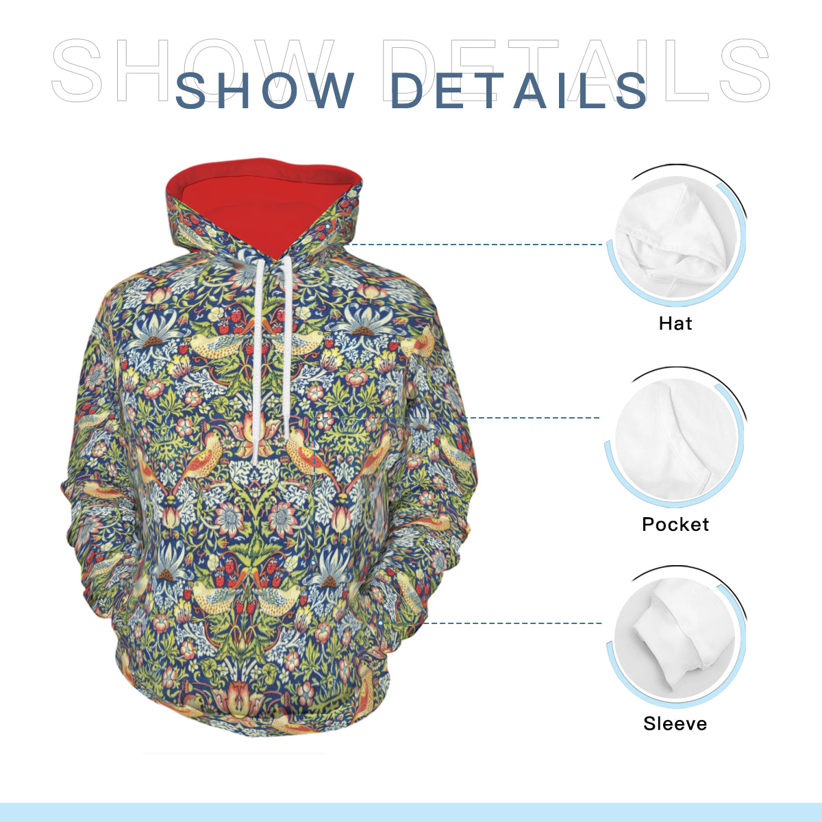 Art Nouveau Heavyweight Cotton Hoodie - William Morris &#39;The Strawberry Thieves&#39;