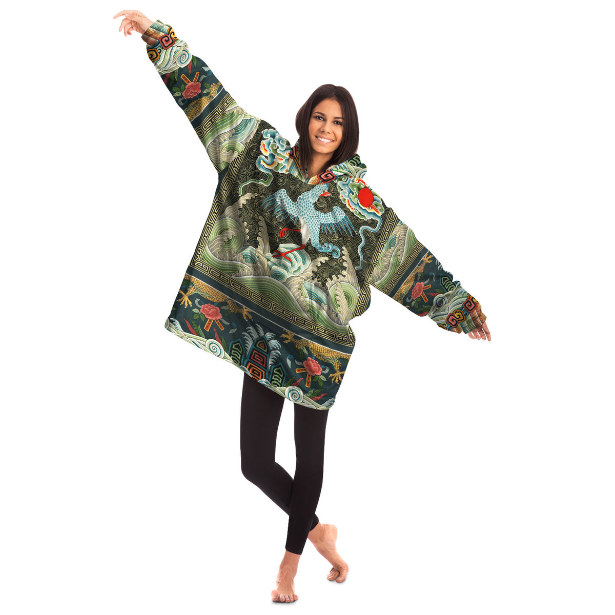 Male or Female Asian Crane Art Nouveau Giant Oversized Hoodie with Pockets
